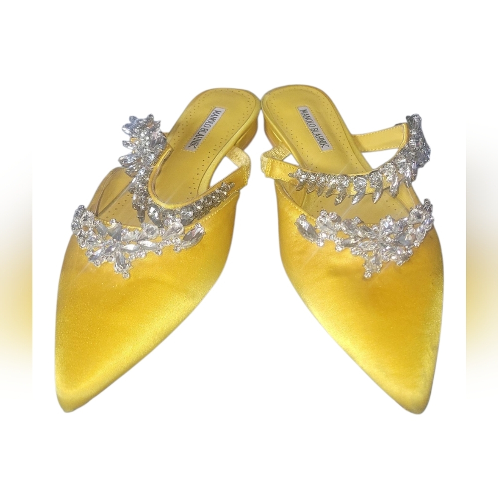 Manolo Blahnik Yellow Satin Jeweled Pointed Mules